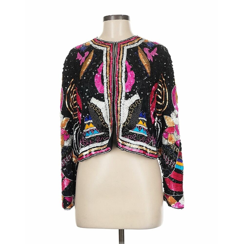 VTG Creative Creations Silk Beaded Sequin Cropped Colorful Jacket Black Funky M